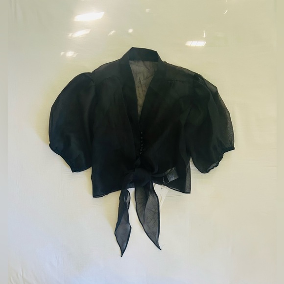 NWT Black Puff Sleeve Tied Front Top - Picture 1 of 4